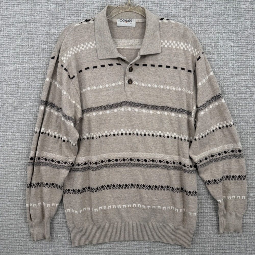 Vtg Y2K DOMANI Uomo‎ Mens Beige Striped Long Sleeve Collared Knit Sweater Size L